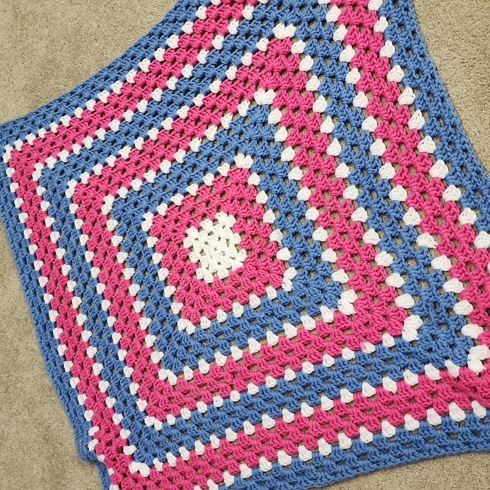 Blue white magenta baby doll super soft Crocheted crib quilt - Picture 4 of 4